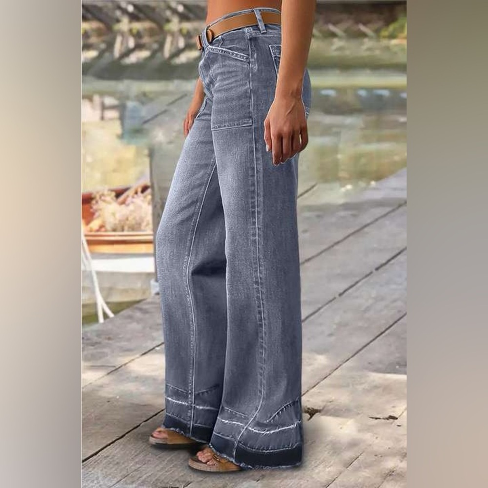 Wash Stitch Detail Raw Hem Mid Waist Wide Leg Jeans Without Belt L JK7-7 - Picture 3 of 8